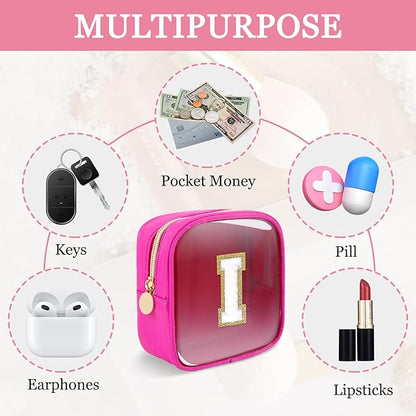 Mini Clear Personalized Initial Makeup Bag,Nylon Preppy A-Z Chenille Letter Patch Zipper Cosmetic Bag, Small Cute Beach Pouch Travel Purse Sanitary Napkin Storage Bag for Women Girls(Hot Pink-White I)