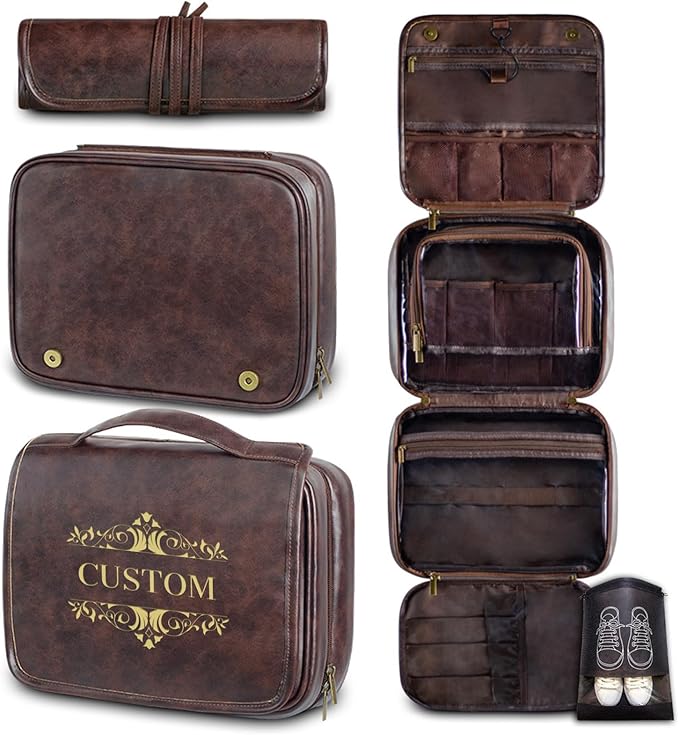 Custom 3-in-1 PU Leather Toiletry Bag for Men - Personalized Hanging Travel Organizer with Multiple Compartments for Father, Husband, Boyfriend - Business Trip Gift (Dark Brown)