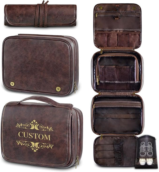 Custom 3-in-1 PU Leather Toiletry Bag for Men - Personalized Hanging Travel Organizer with Multiple Compartments for Father, Husband, Boyfriend - Business Trip Gift (Dark Brown)