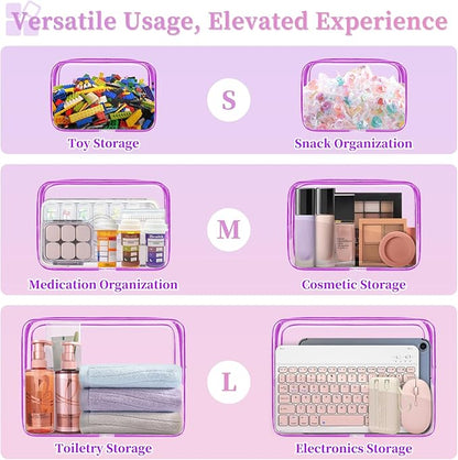 TISRATOK 12 PCS Clear Makeup Bag for Women with Zipper, TSA Approved Toiletry Pouch, Cosmetic Bag Bulk for Travel Organizer Essentials - Purple, Medium