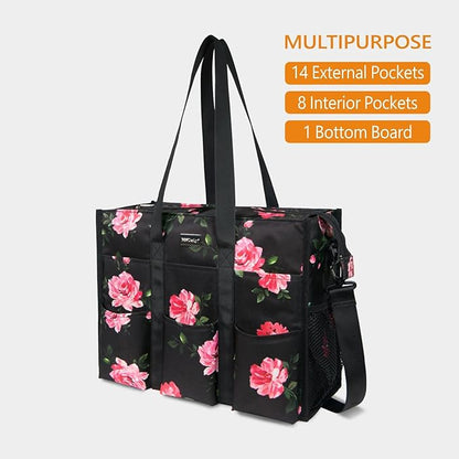 TOPDesign Utility Water Resistant Tote Bag with 22 Pockets, Top Zipper Closure & Thick Bottom Support, for Working Women