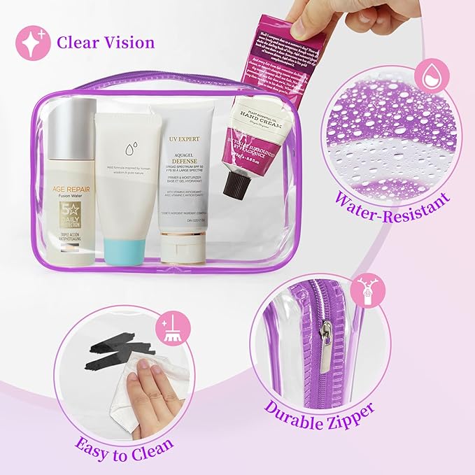 TISRATOK 12 PCS Clear Makeup Bag for Women with Zipper, TSA Approved Toiletry Pouch, Cosmetic Bag Bulk for Travel Organizer Essentials - Purple, Medium