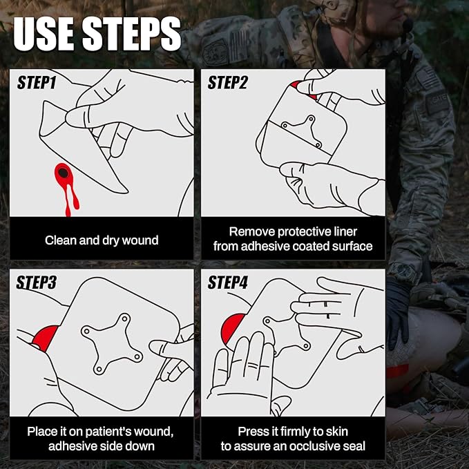 RHINO RESCUE Vented Chest Seal, 4 Vents, Sterile Emergency Trauma Dressing, Occlusive Adhesive Pad, IFAK Trauma Refill Medical First Aid Supplies for Wound Care, Gunshot Wound, Sucking Chest(2 Count)