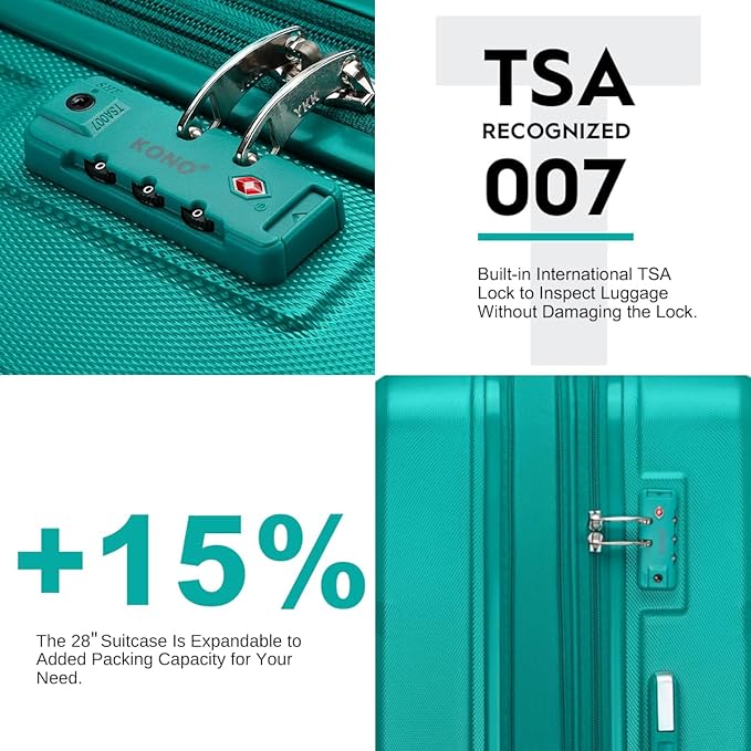 Kono 4 Piece Luggage Sets Expandable(only 28") with Spinner Wheels TSA Lock Lightweight PC+ABS Hardside Travel Rolling Suitcases 20in 24in 28in Carry on and 12in Mini Cosmetic Case Turquoise