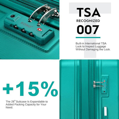 Kono 4 Piece Luggage Sets Expandable(only 28") with Spinner Wheels TSA Lock Lightweight PC+ABS Hardside Travel Rolling Suitcases 20in 24in 28in Carry on and 12in Mini Cosmetic Case Turquoise
