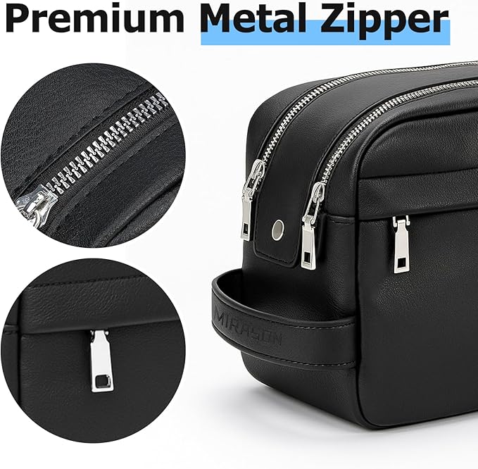 MIRASON Travel Toiletry Bag for Men Leather Travel Bag for Toiletries, Dopp Kit Water-resistant Shower Bag for Shaving Bathroom Organizer Gifts for Men, Black