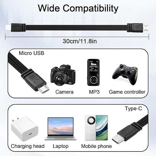 Flexible USB Type-C to Micro USB Cable,Micro 5pin to USB C Flat Data Cable,Type C-to-Micro Short Flat Cable Supporting Charging& DataTransfer,for Phone,Camera,Laptop-30CM(Straight)