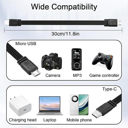 Flexible USB Type-C to Micro USB Cable,Micro 5pin to USB C Flat Data Cable,Type C-to-Micro Short Flat Cable Supporting Charging& DataTransfer,for Phone,Camera,Laptop-30CM(Straight)