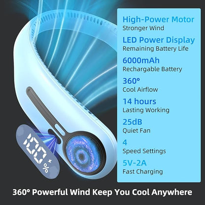 Portable Neck Fan,Hands Free Personal Wearable Bladeless Fan,6000mAh USB Rechargeable,360° Cooling,LED Display,4-Speeds,Birthday Gifts for Men Women Dad Mom,Christmas Gifts (Light blue)
