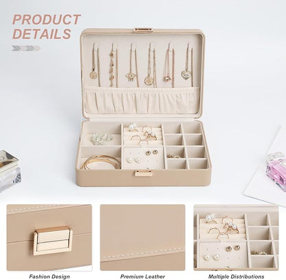 Leather Jewelry Box with Lock Small Jewelry Chest for Women Gift Box for Necklace, Ring, Earring Storage Portable Design Apricot