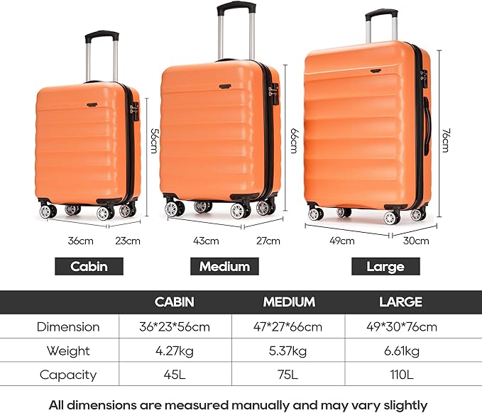 GinzaTravel 3-piece expandable luggage sets with Spinner Wheels， ABS hardshell Suitcase with TSA Lock，Large Luggage for Family Travel & carry on 20/24/28， Orange color