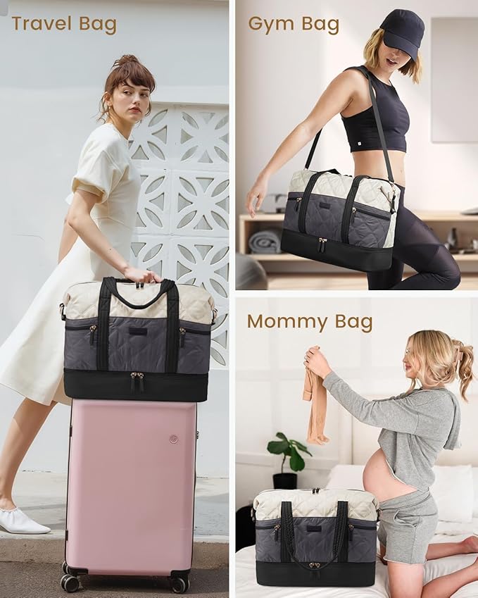 LOVEVOOK Travel Duffle Bag, Lightweight Weekender Bags for Women with Shoe Compartment,40L Puffer Gym Bag Personal Item Travel Bag, Quilted Overnight Bags and Hospital Bag for Labor and Delivery