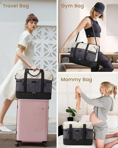 LOVEVOOK Travel Duffle Bag, Lightweight Weekender Bags for Women with Shoe Compartment,40L Puffer Gym Bag Personal Item Travel Bag, Quilted Overnight Bags and Hospital Bag for Labor and Delivery