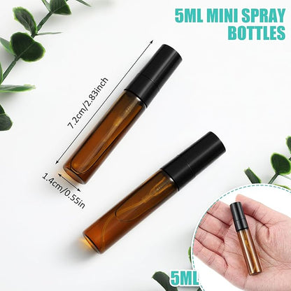 Zhehao 50 Pcs Mini Spray Bottles 5 ml Clear Glass Perfume Bottles Refillable Fine Mist Perfume Atomizer Portable Empty Sample Containers for Cleaning, Essential Oils, Travel (Amber)