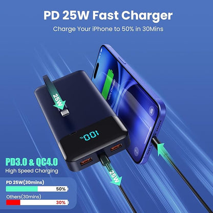 Portable Charger 40800mAh Power Bank with 3 Built-in Cable,PD 25W USB C in&Out Power Bank Fast Phone Charging,QC4.0 5 Output Travel Camping Essential Battery Pack for iPhone 17/16,Samsung Android-Navy