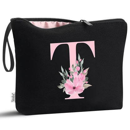 Vavabox A-Z Personalized Makeup Bag, Birthday Gifts for Women Mom, Gifts for Best Friend, Bride Bridesmaid Cosmetic bag (T, Black)