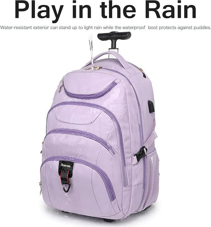 Boavan Rolling Backpack for Women, 17.3 Inch Wheeled Laptop Backpack,Large Travel CarryOn Bag for Teachers College Students, USB Charging Port Waterproof Business for Airplane Overnight Luggage，Purple