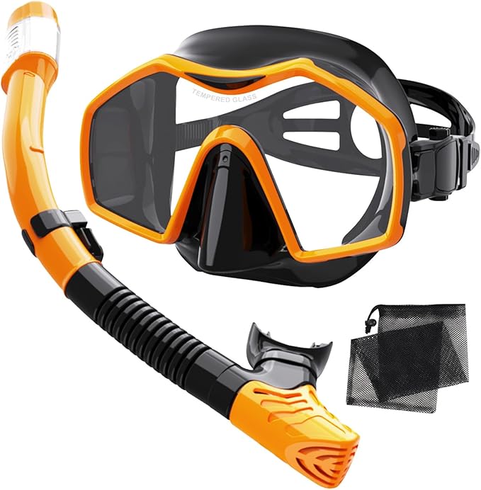 Snorkeling Gear for Adults,Dry-Top Snorkel Mask Set with Tempered Glass,Anti-Fog & Anti-Leak Panoramic Swim Mask,Adjustable Snorkel Kit with Carry Bag for Scuba Diving,Swimming,Travel