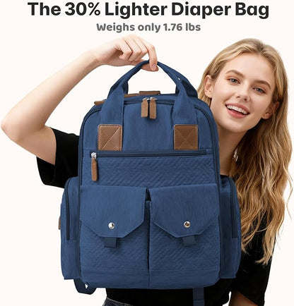 Diaper Bag Backpack - Large Diaper Bag with Portable Changing Pad as Baby Shower Gifts, Lightweight Waterproof Unisex Travel Baby Bag with 4 Insulated Pockets and Stroller Buckles, Dark Blue