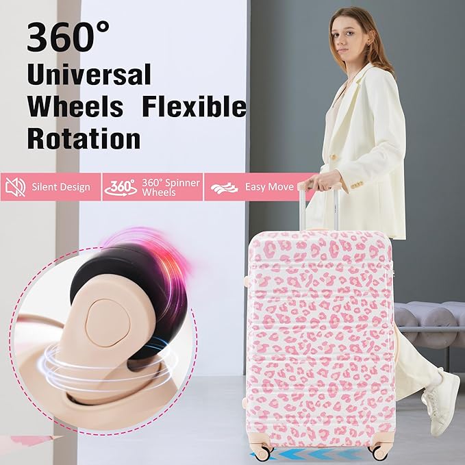 Merax Luggage Sets 3 Piece, Hardside Expandable Suitcase Set with Spinner Wheels, Lightweight Leopard 20+24+28 IN Suitcase with Carry on Luggage, Leopard Pink
