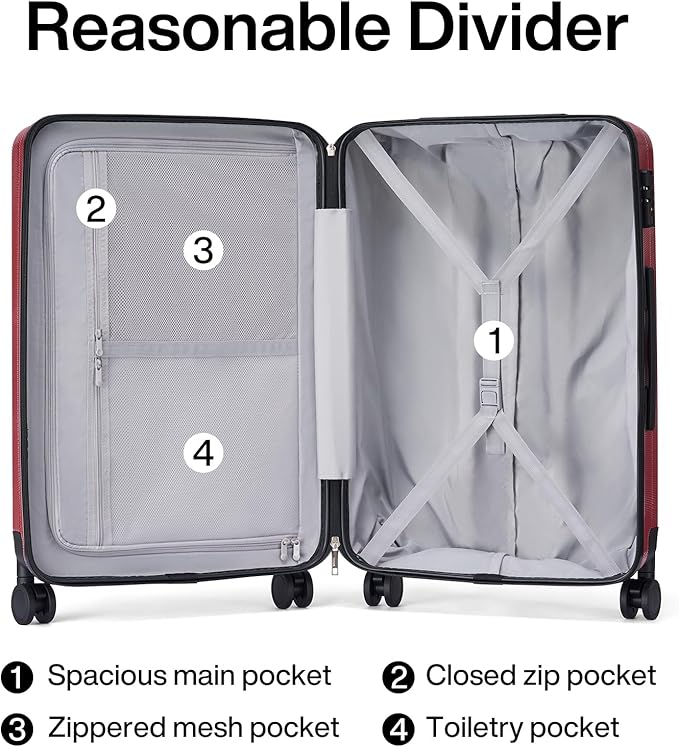 Hanke 20 Inch Carry On Luggage 22x14x9 Airline Approved Lightweight PC Hard Shell Suitcases with Wheels Travel Luggage Rolling Suitcase Travel Luggage Bag Christmas Gifts for Birthday （Burgundy）