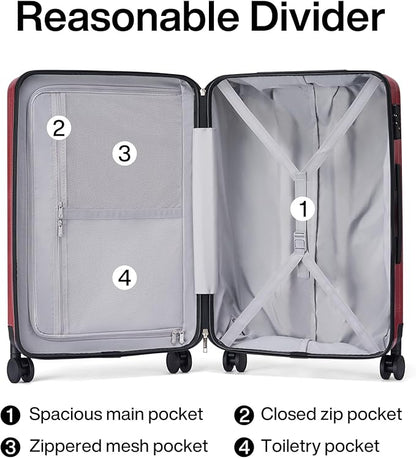 Hanke 24 Inch Luggage Suitcases With Spinner Wheels Lightweight PC Hard Shell Rolling Suitcase With Travel Lock,Checked-Medium 24-Inch （Burgundy）