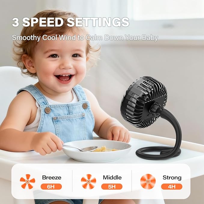 A2C Portable Stroller Fan [Rechargeable 4000mAh Battery, 3 Speeds, Flexible Base] Rotatable Travel Essentials for Handle Bar, Handheld Personal Cooling Fans for Gym Treadmill Peloton Bike/Camping/Gift