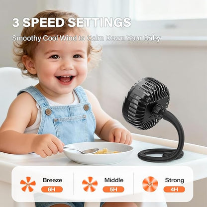 A2C Portable Stroller Fan [Rechargeable 4000mAh Battery, 3 Speeds, Flexible Base] Rotatable Travel Essentials for Handle Bar, Handheld Personal Cooling Fans for Gym Treadmill Peloton Bike/Camping/Gift
