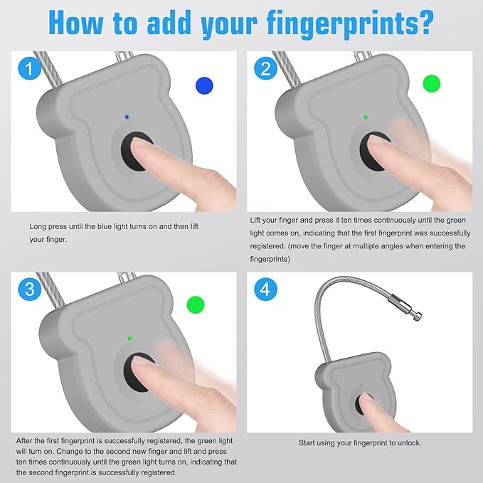 Smart Fingerprint Padlock for Luggage - 20 User Capacity, USB Key & Emergency Code, Keyless Biometric Lock for Gym Locker, Suitcase, Backpack, Toolbox & Handbag (Grey)
