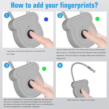 Smart Fingerprint Padlock for Luggage - 20 User Capacity, USB Key & Emergency Code, Keyless Biometric Lock for Gym Locker, Suitcase, Backpack, Toolbox & Handbag (Grey)