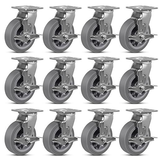 6 Inch Rubber Wheels (Flat Tread)- Heavy Duty Casters, Industrial Caster Wheels- with up to 1000 LB Capacity- Use for Dollies, Utility and Maintenance Carts(12 Brake)