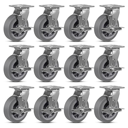 6 Inch Rubber Wheels (Flat Tread)- Heavy Duty Casters, Industrial Caster Wheels- with up to 1000 LB Capacity- Use for Dollies, Utility and Maintenance Carts(12 Brake)