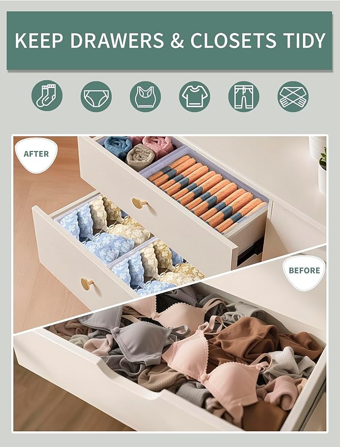 Drawer Organizer Set for Baby Clothes, Nursery Dresser Storage, Closet Dividers for Socks, Underwear, Bra (White, 6 pcs)