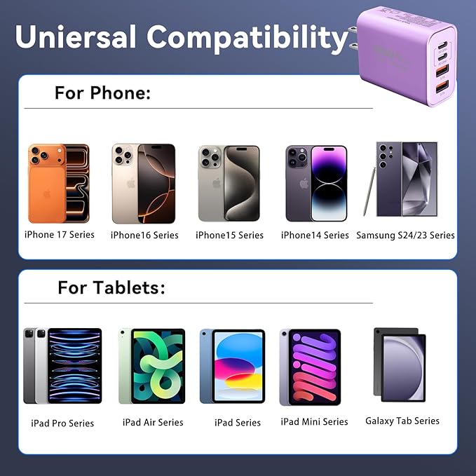 USB C Wall Fast Charger Block, 40W 4-Port Type C Chargers Fast Charging Blocks PD Power Charger Adapter+QC 3.0 USB Multiport Charger Brick for Phone 17/16/15/14/13/12 Pro Max, i-Pad, Galaxy S25-2Pack