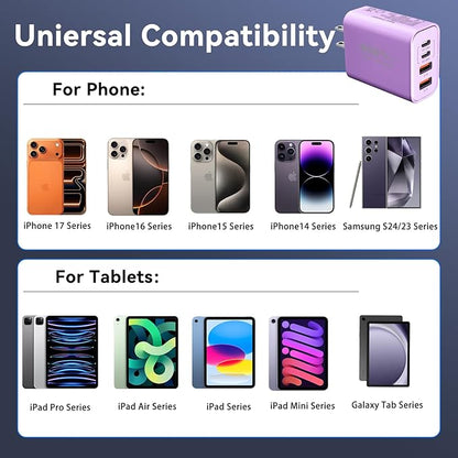 USB C Wall Fast Charger Block, 40W 4-Port Type C Chargers Fast Charging Blocks PD Power Charger Adapter+QC 3.0 USB Multiport Charger Brick for Phone 17/16/15/14/13/12 Pro Max, i-Pad, Galaxy S25-2Pack
