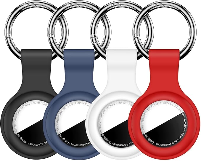 [4 Pack] Compatible with AirTag Holder Case Keychain for Air TagHolder Silicone Key Ring Cases Tags Chain GPS Item Finders Accessories, Black/Blue/White/Red(Without Clear Cover)