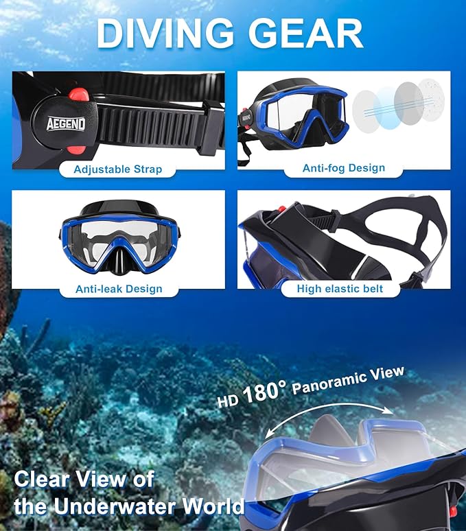 Aegend Snorkeling Gear for Adults Youth Kids, Dry Snorkel Set Panoramic View Enhanced Anti-Leak and Anti-Fog Technology, Adjustable Strap for Snorkeling Scuba Diving Swimming with Mesh Bag