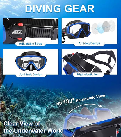 Aegend Snorkeling Gear for Adults Youth Kids, Dry Snorkel Set Panoramic View Enhanced Anti-Leak and Anti-Fog Technology, Adjustable Strap for Snorkeling Scuba Diving Swimming with Mesh Bag