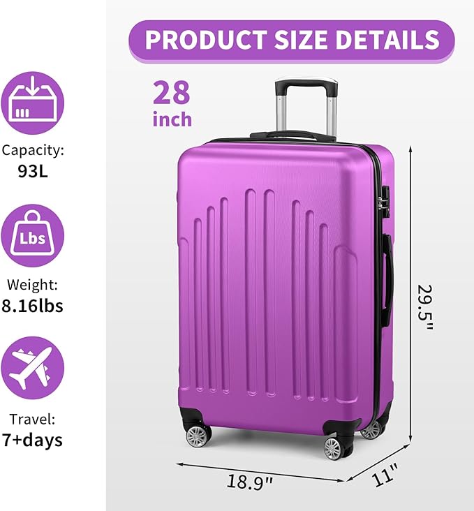 Karl home 28 Inch Check-in Luggage with Spinner Wheels, ABS Hardshell Checked Suitcase with TSA Lock, Durable Large Suitcase Rolling Luggage for Men Women, Purple