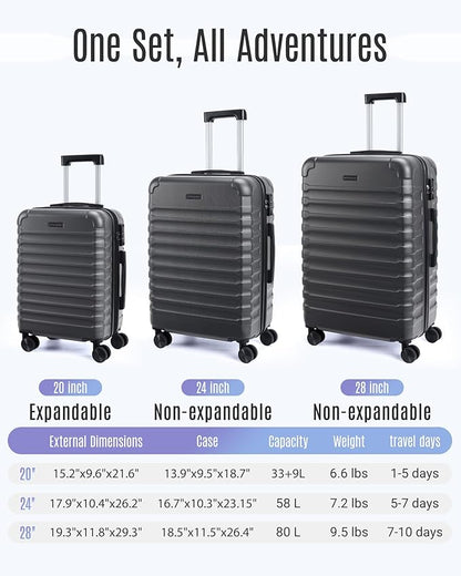 LIGHT FLIGHT Luggage Sets, 3 Piece Durable Suitcase Set with Spinner Wheels, 3 Pcs Hardside Lightweight luggage with TSA Lock, Large Checked Travel Suitcases, 20/24/28 Inch, Gray