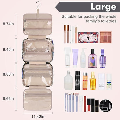 Wedama Toiletry Bag for Women, Large Cosmetic Travel Bag, Hanging Toiletry Bag for Bathroom, PVC Waterproof Makeup Bag, Toiletries Bag for Travel Business Trips and Camping, Black+Brown Floral
