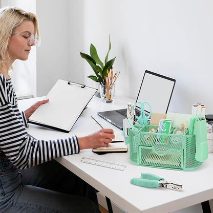 17 in 1 Green Desk Organizers and Accessories Set, 3 Office Desk Supplies Storage Organization, 4 Pens, Stapler, Staples & Remover, Tape & Dispenser, Scissors, Ruler, Clips, Hole Punch, Back to School