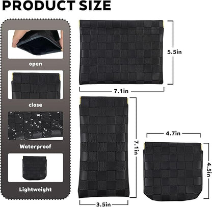 3PCS Small Makeup Bag for Women, Mini Cosmetic Bags Leather Pocket Pouch Purse,Snap Closure Waterproof Portable Bag,Checkered Storage Travel Bag for Lipstick Change Glasses Coin Cards (Black)