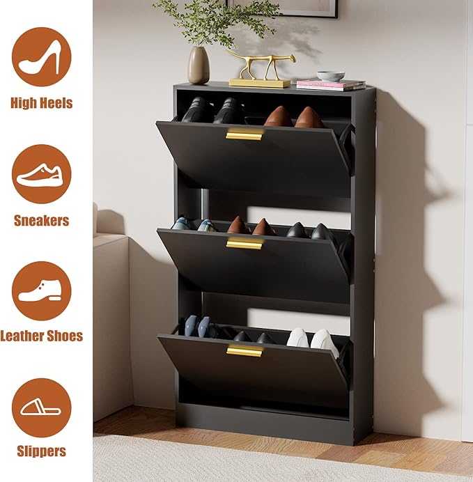 JOZZBY Shoe Cabinet Storage with 3 Flip Drawers for Entryway, Black Slim Freestanding Modern Narrow Shoe Organizer Rack Cabinet for Hallway, Living Room