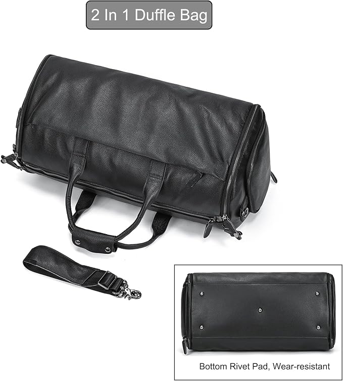 Genuine Leather Garment Bag Large Capacity Travel Bag Business Suit Carrier Bag with Shoe Compartment, Men Women Duffel Bags for Overnight Gym Sports Weekend, Black