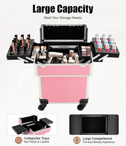 Pink Rolling Makeup Case, Professional Cosmetic Box Storage on Wheels, Large Make Up Train Carrying Cases w/4 Organizer Trays, Cosmetic Case Trolley with Locks for Makeup/Nail Art/Hair Styling
