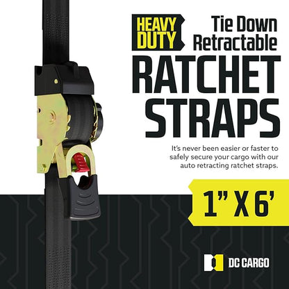 DC Cargo Mall Auto Retractable Ratchet Straps (4-Pack) 1” x 6ft, Heavy Duty, 1,522lb Break Strength – Tie Down Straps for Cargo, Truck, Trailer, Motorcycle, Boat