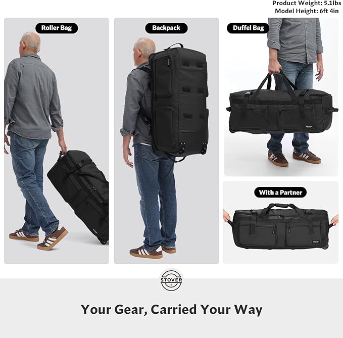 STOVER 100L U-Zip Rolling Duffel Bag with Wheels, X-Large Durable Travel Duffle + Toiletry Bag, Heavy Duty, Lay-Flat Opening, Packable w/Shoulder Straps- Use as Luggage or Backpack, Men/Women (Black)