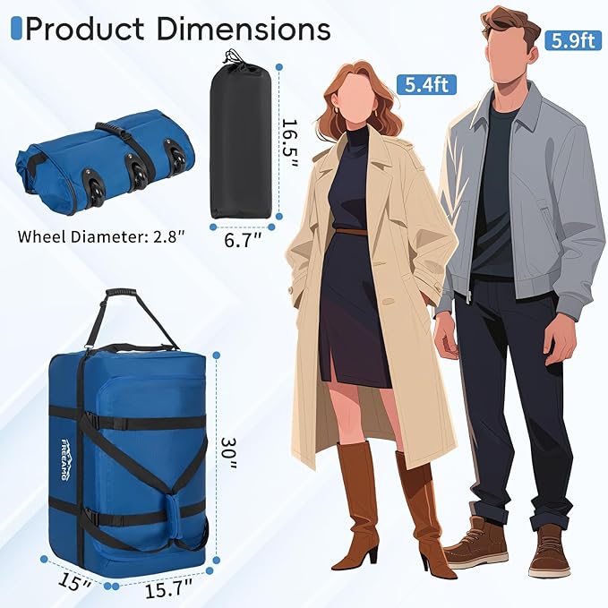 116L Foldable Rolling Duffel Bag with 3 Wheels And Handle, 30 inch Large Travel Duffle Bag for Travel, Camping, Outdoors