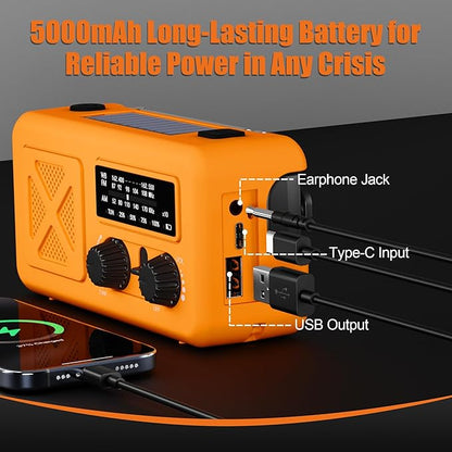 Emergency Radio Hand Crank Solar, 5000mAh/18500mWh Emergency Weather Radio, Solar Crank Radios with NOAA/AM/FM, Rechargeable Headlight, Thermal Blanket, Paracord Bracele, for Outdoor & Home